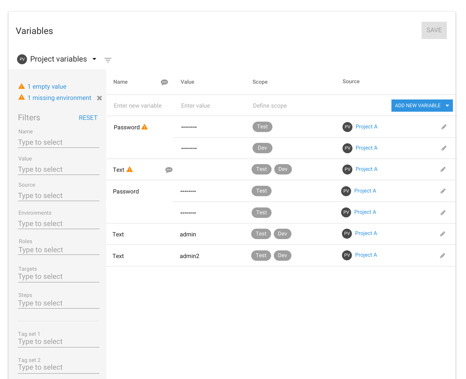 Octopus variable editor - project variables