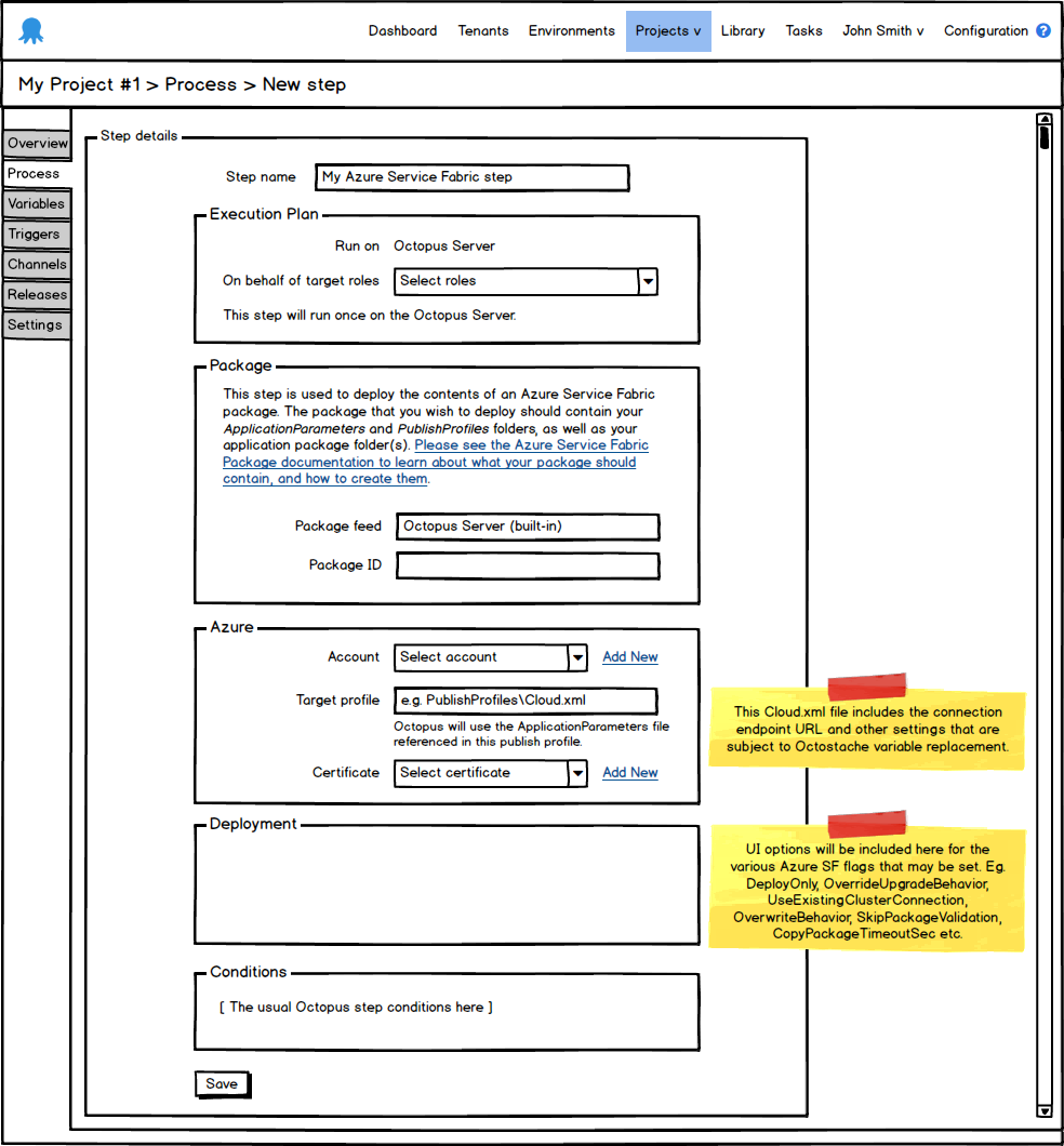 Azure Service Fabric step template mockup