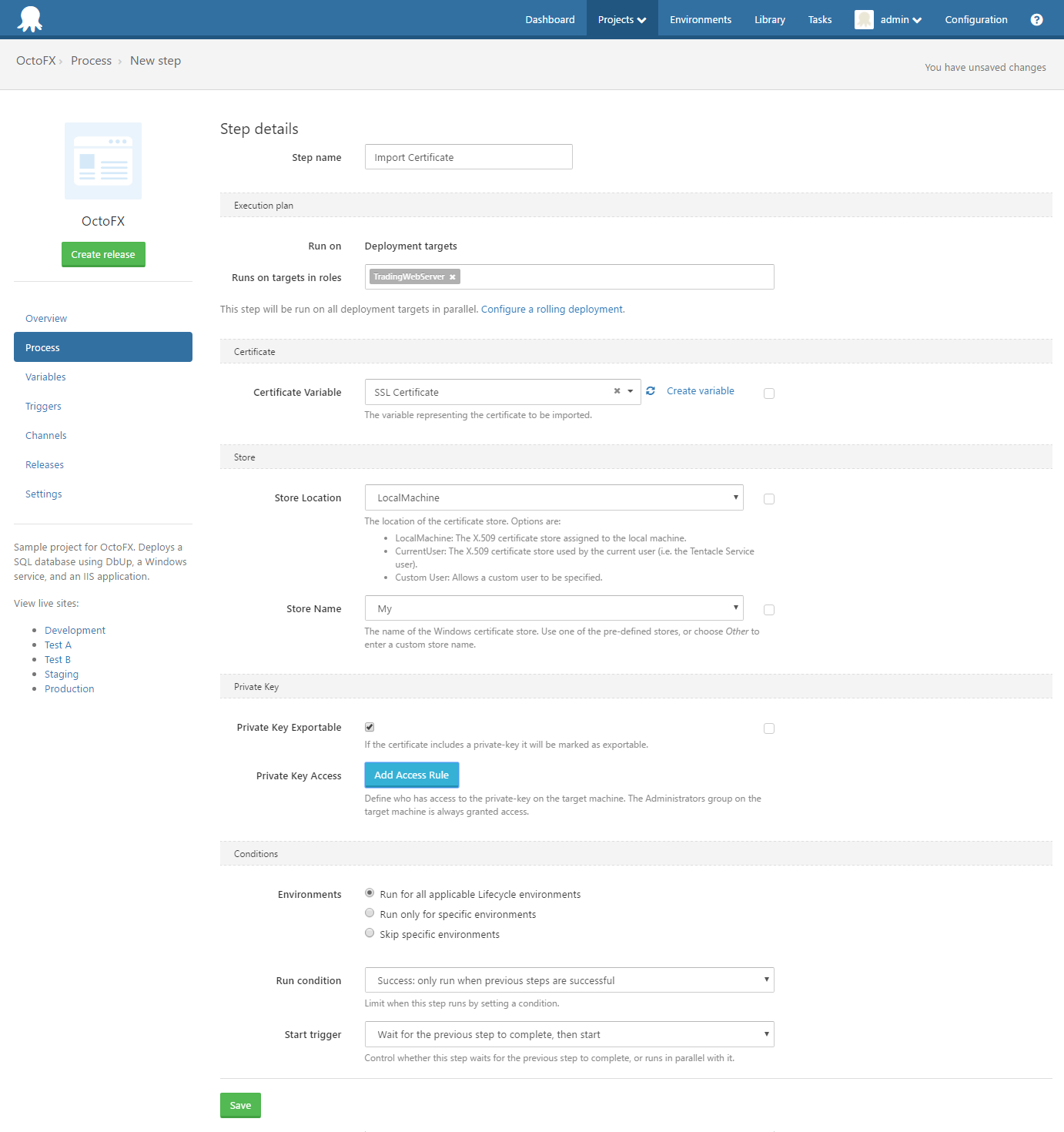 Import Certificate Step details