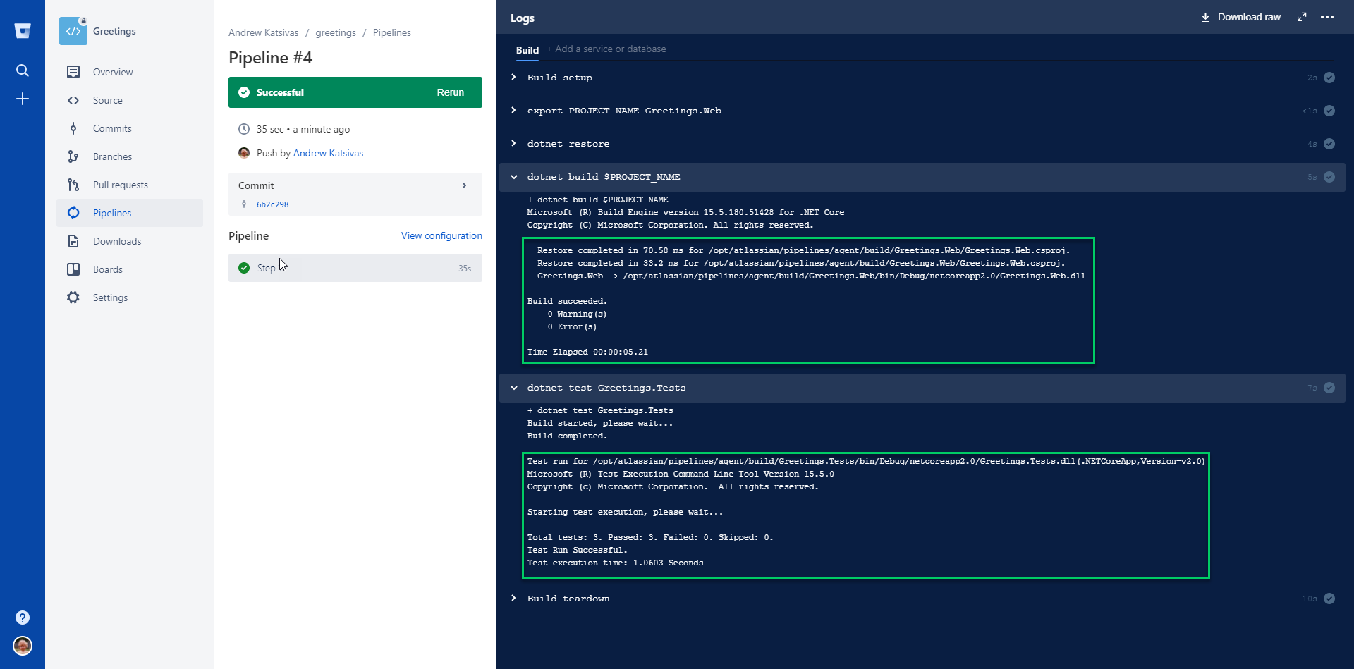 A successfully completed Pipelines build