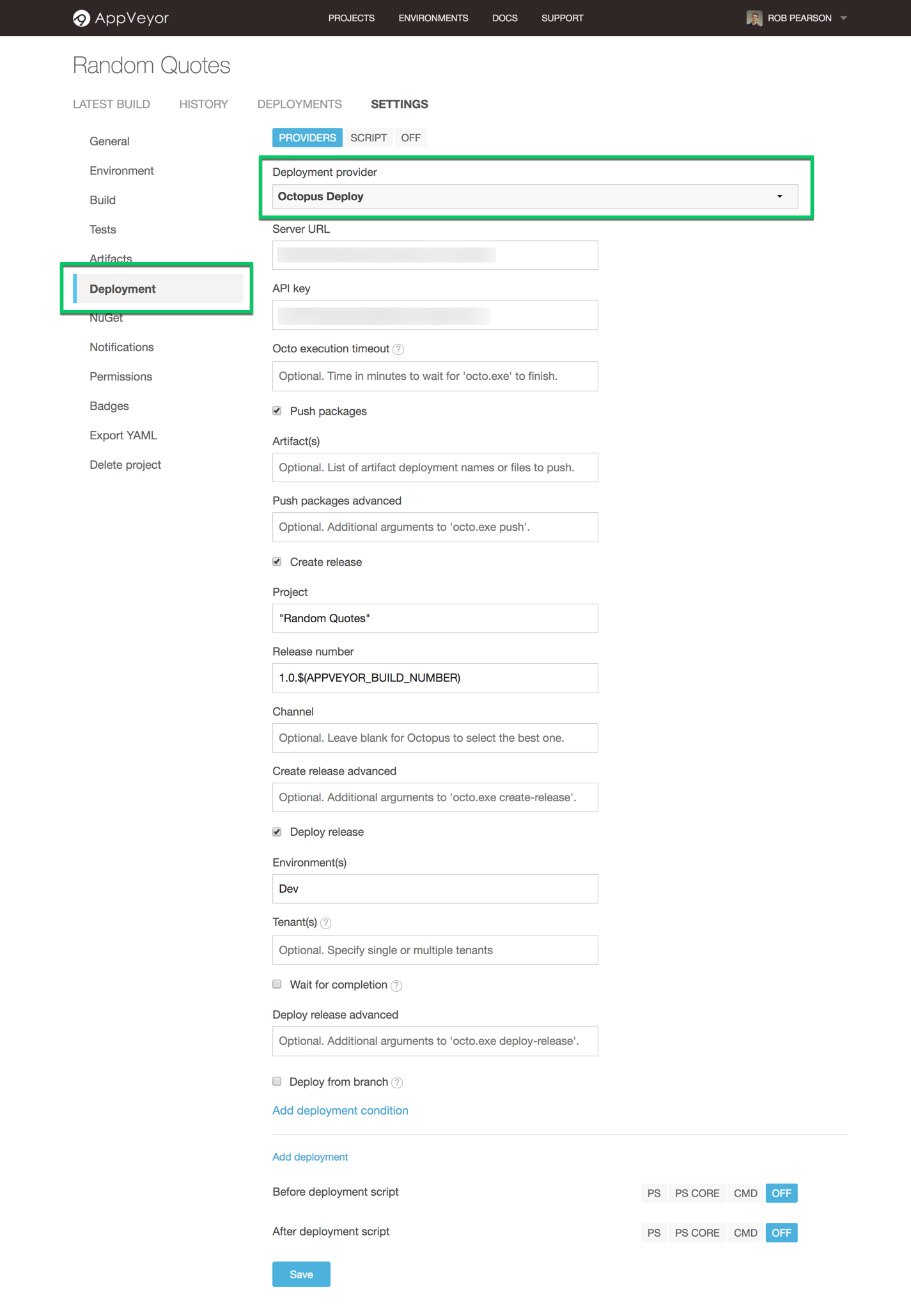 AppVeyor deployment provider settings