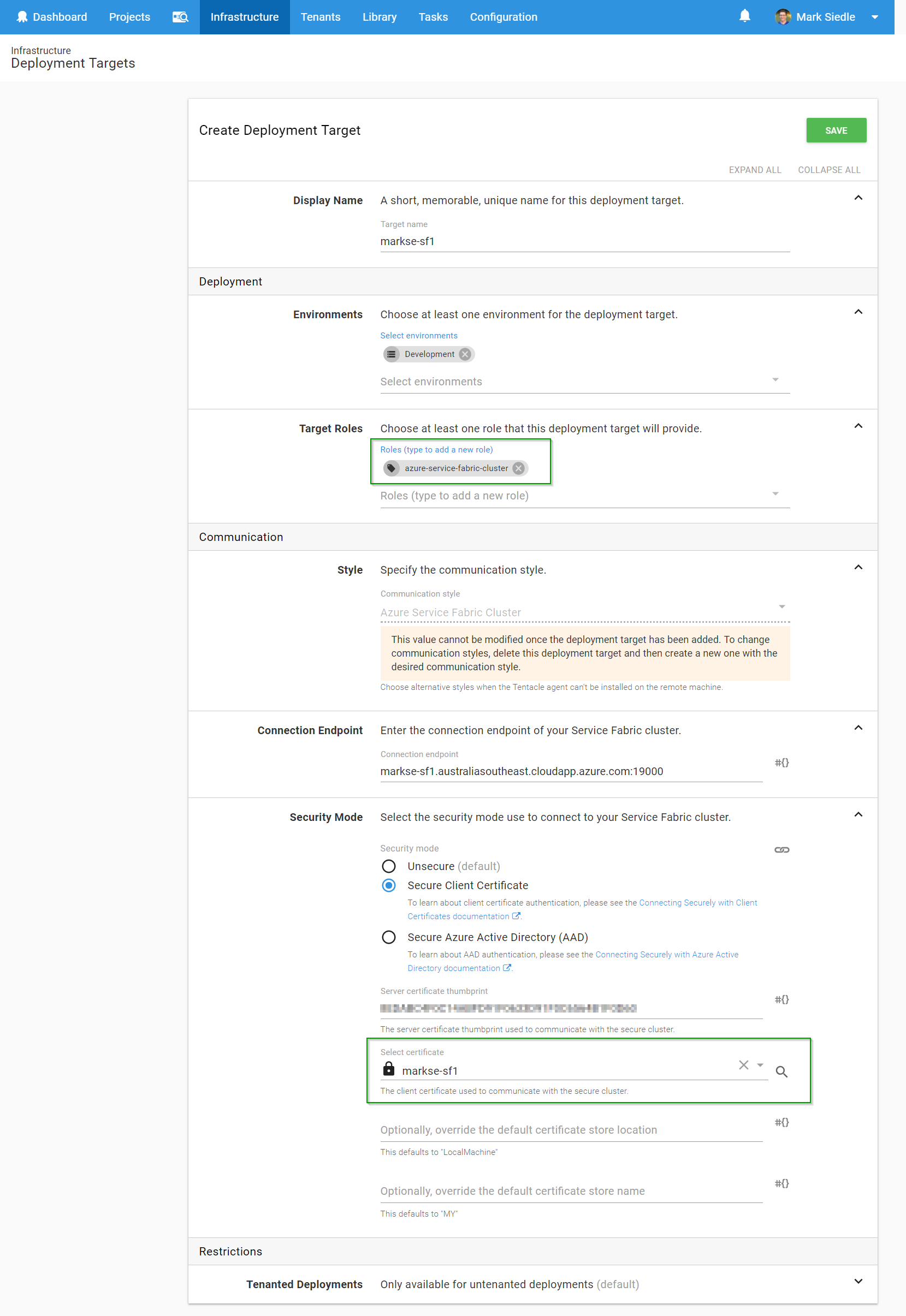 Creating Azure Service Fabric Targets - step 2