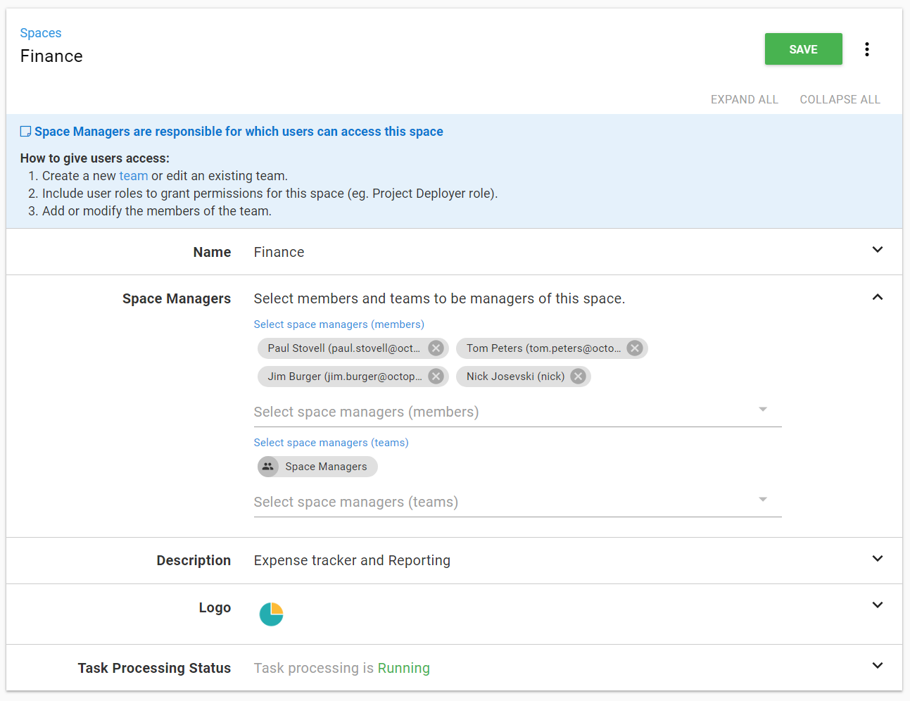 spaces configuration user interface