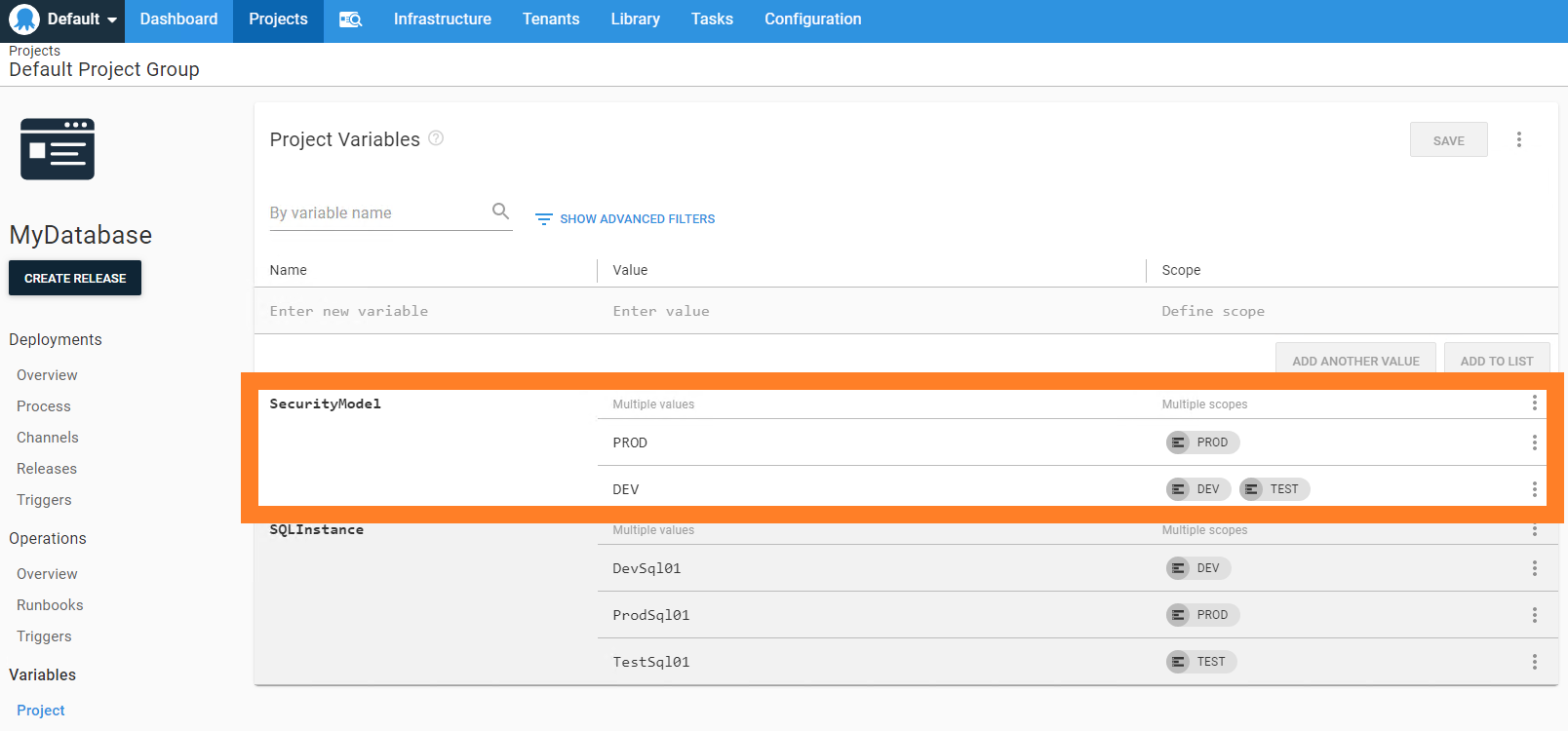 Example variable set to configure which security models should be deployed to each environment.