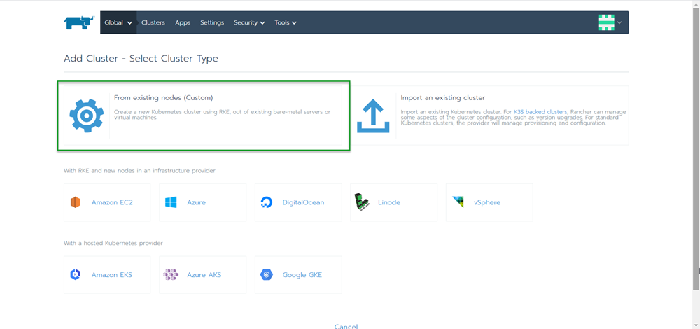 Rancher select cluster type screen