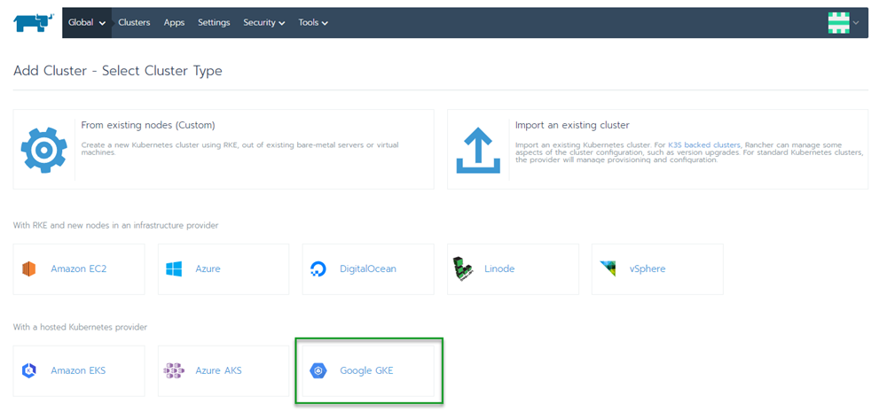 Rancher select cluster type screen