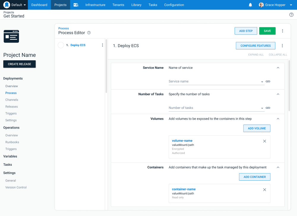 Step mockup showing service properties and the task definition containers.