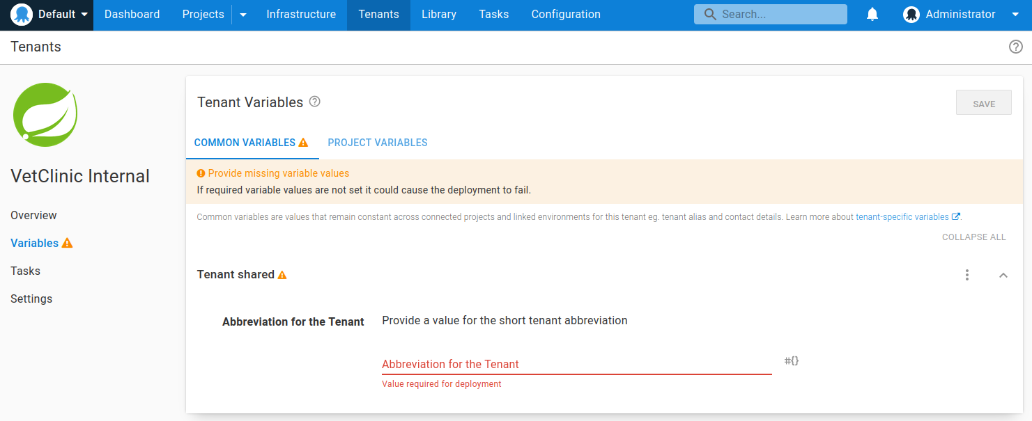 Warning of missing tenant variable