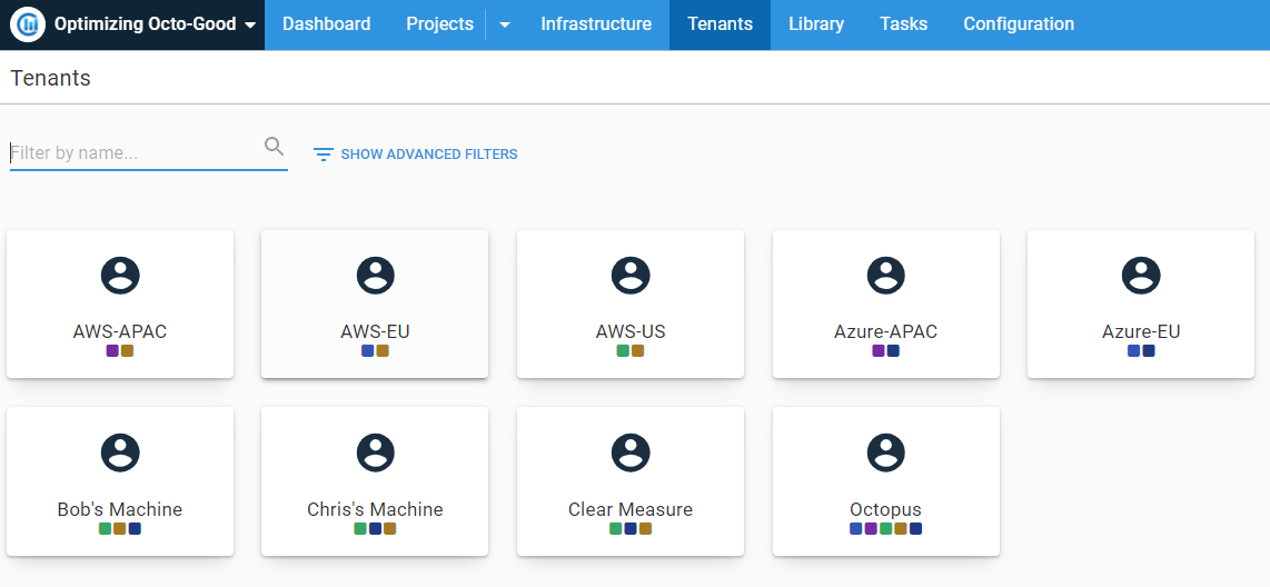 A set of tenants in Octopus, showing how they can group and manage deployment targets and demographics