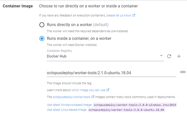 Octopus dashboard showing Container Image section with Runs inside a container, on worker selected.