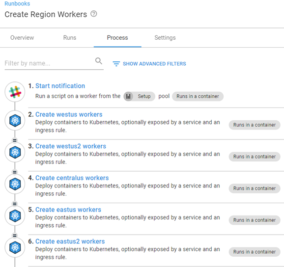 Octopus dashboard open on Runbooks section then Create Region Workers showing steps 1 to 6 of process creating workers in specific Azure regions.