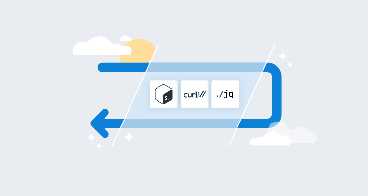 An arrow turning around represents an API with a cut out section of the arrow showing curl and jq inside the API