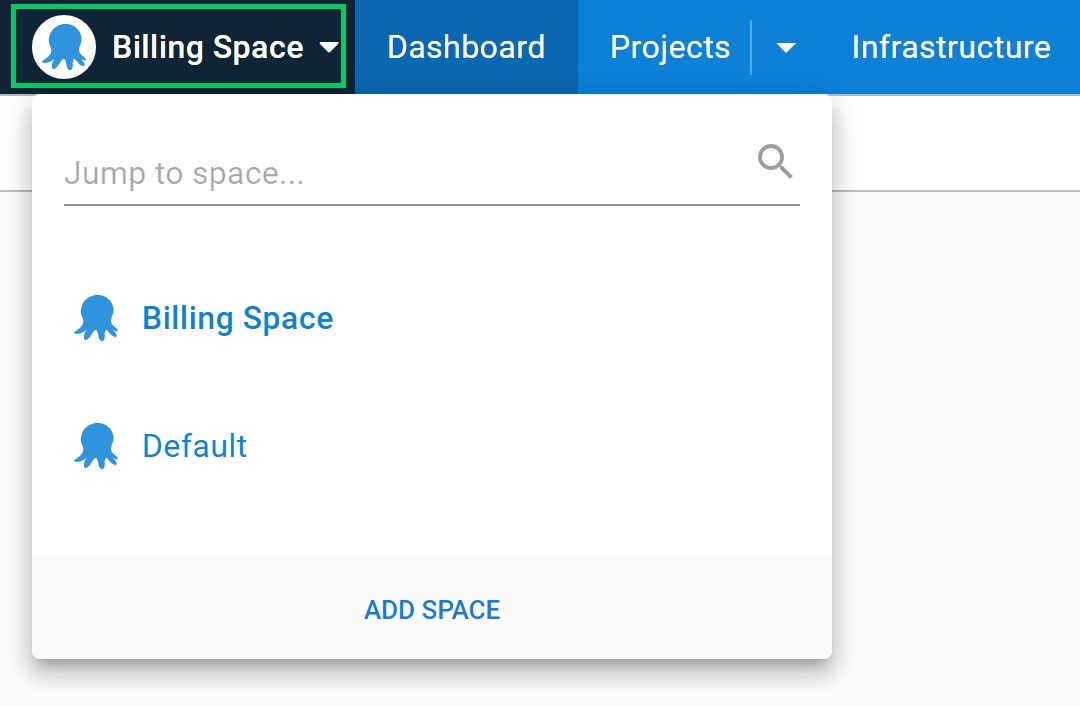 The space switcher appears in the top-left of the Octopus Deploy navigation bar