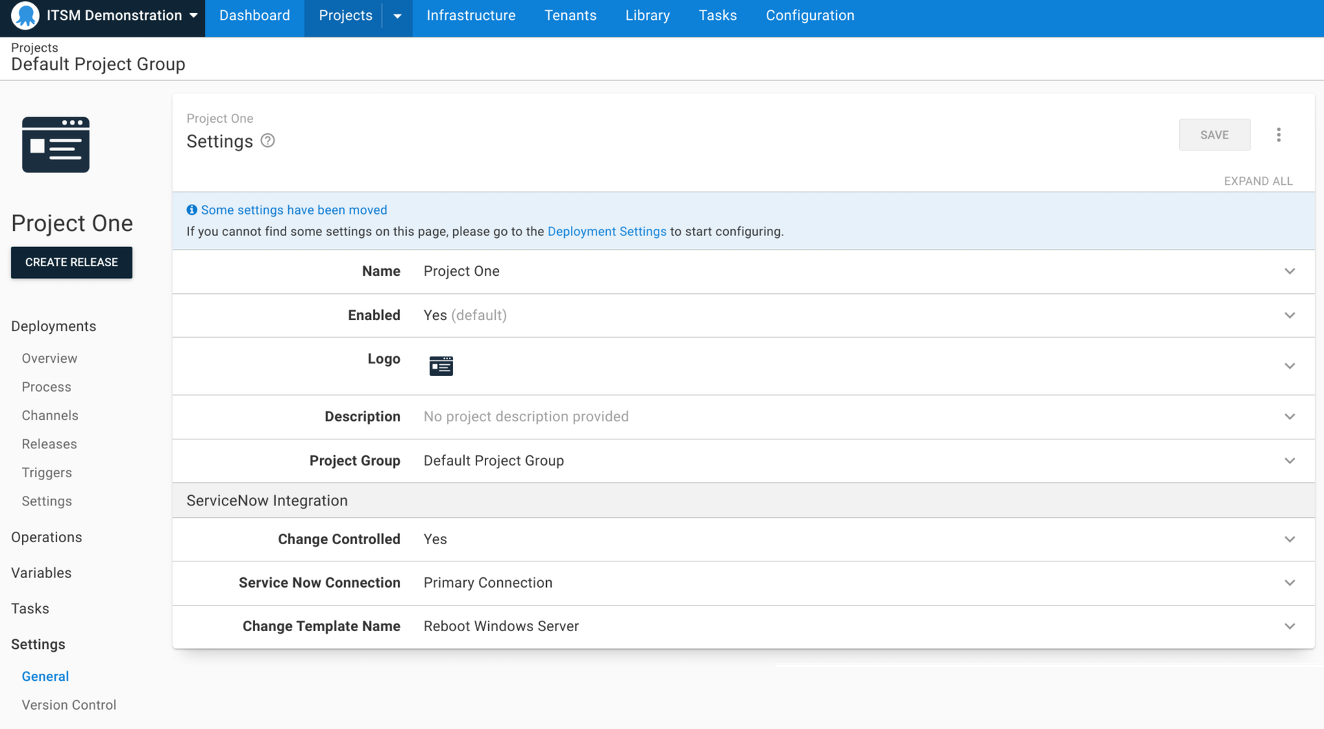 ServiceNow configuration within an Octopus Project