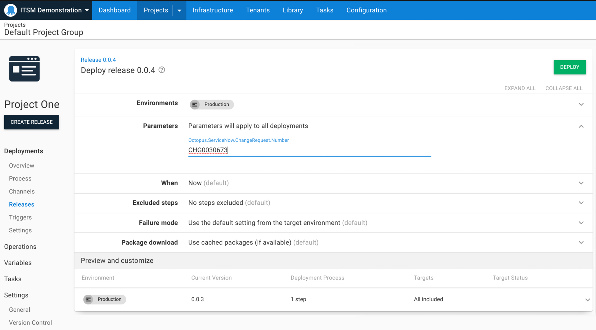 Using an existing change request for deployments