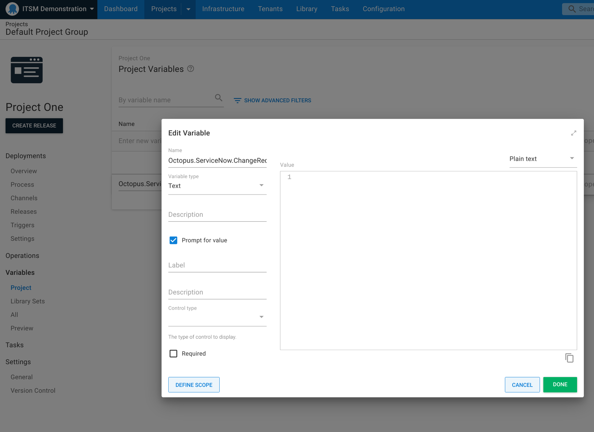 Setting up a prompted variable for reusable change requests