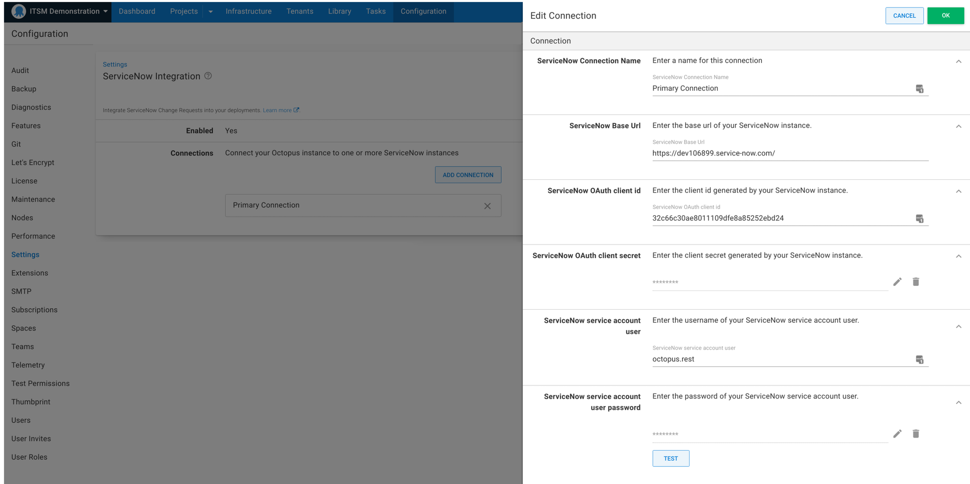 ServiceNow configuration settings