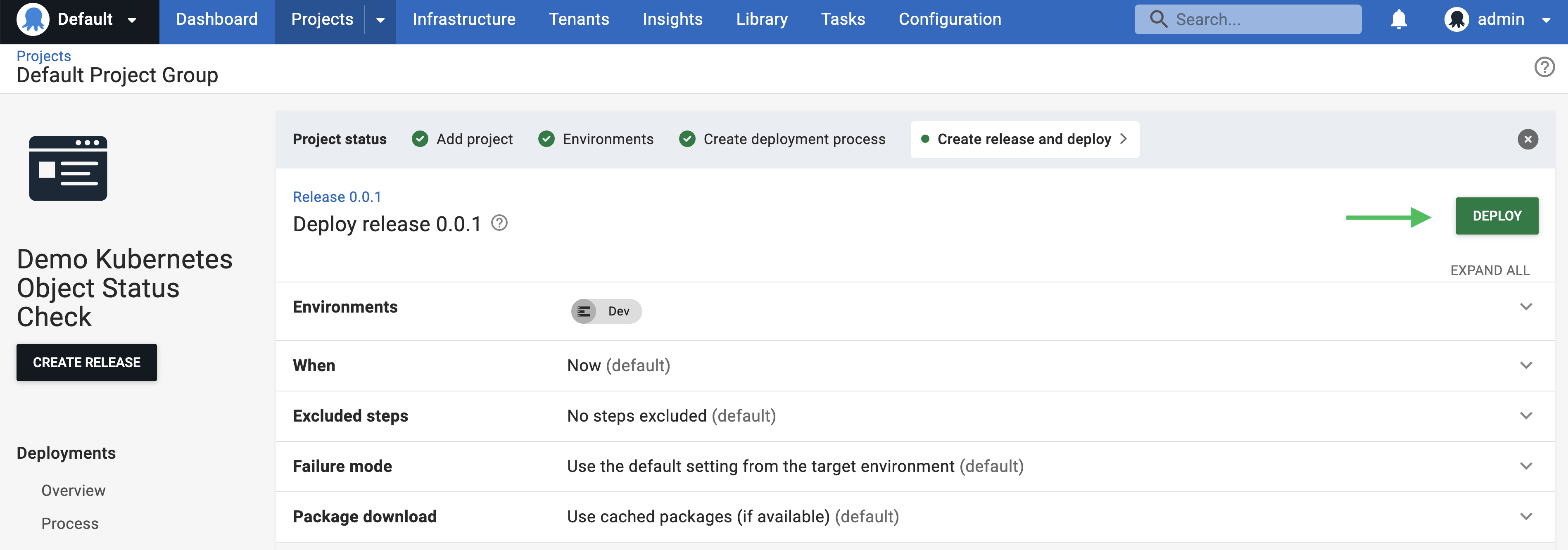 Octopus UI showing the page to create the deployment