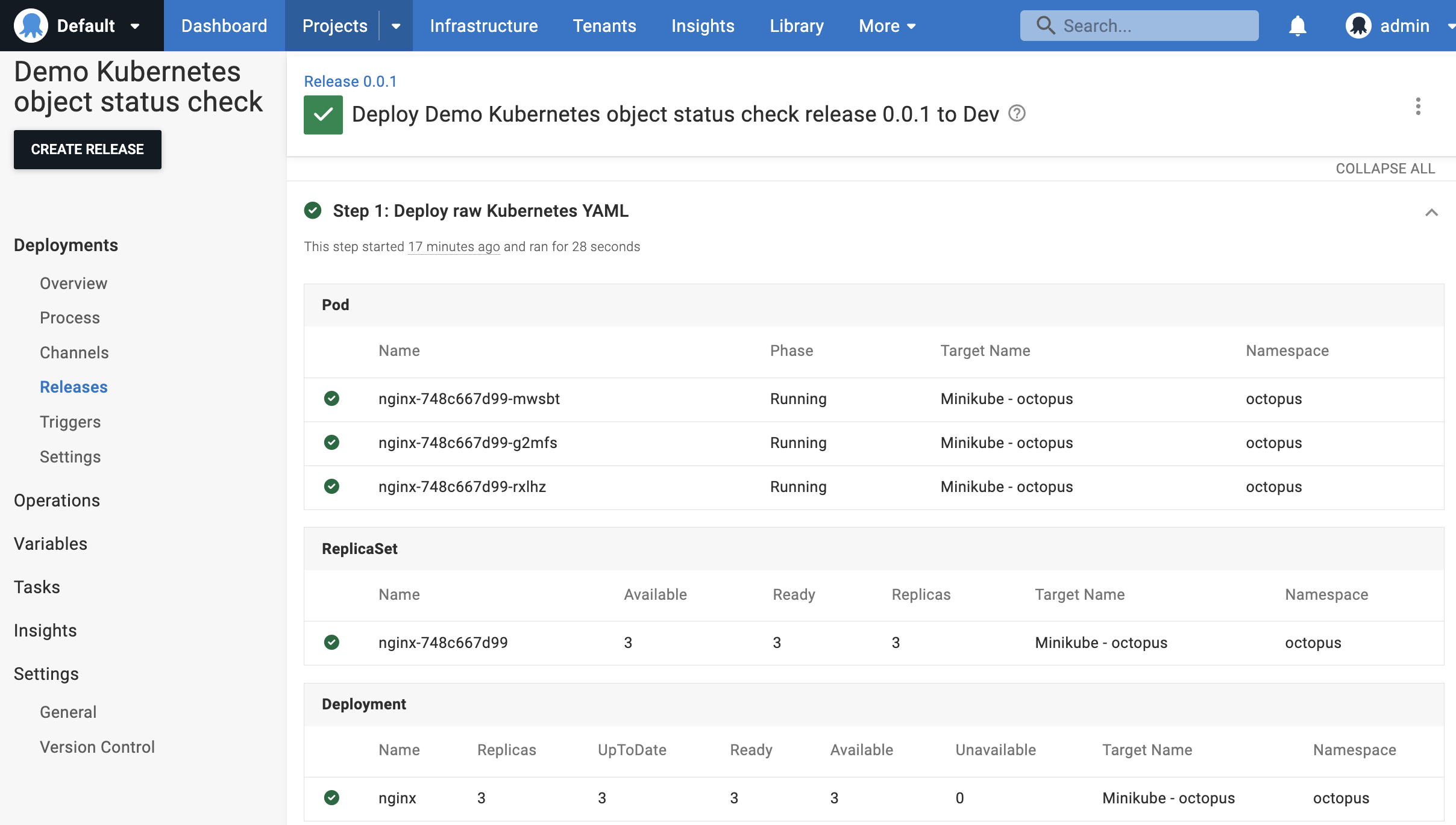 Octopus release dashboard showing the Kubernetes object status check page