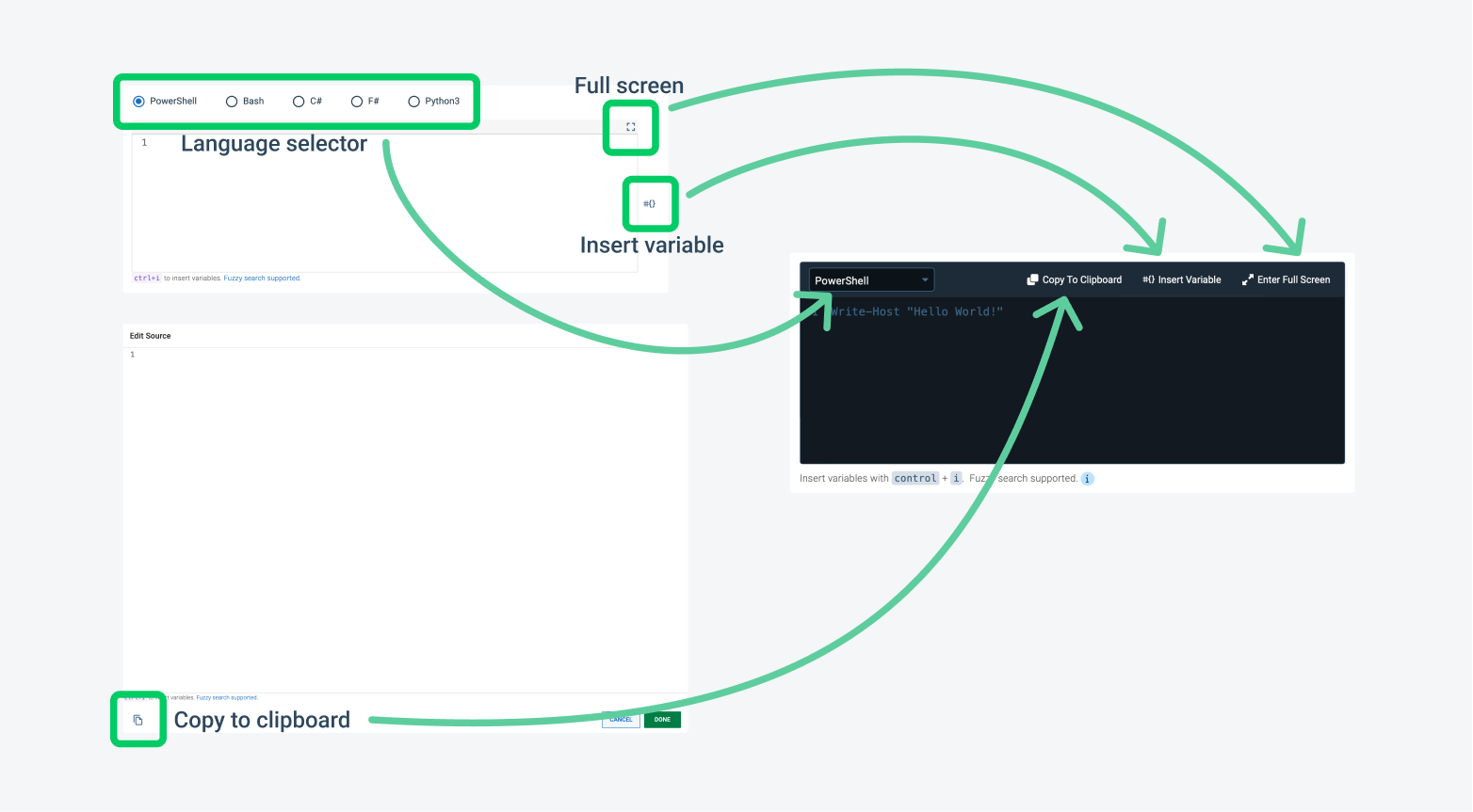 Screenshots showing the before and after placement of script editor actions.