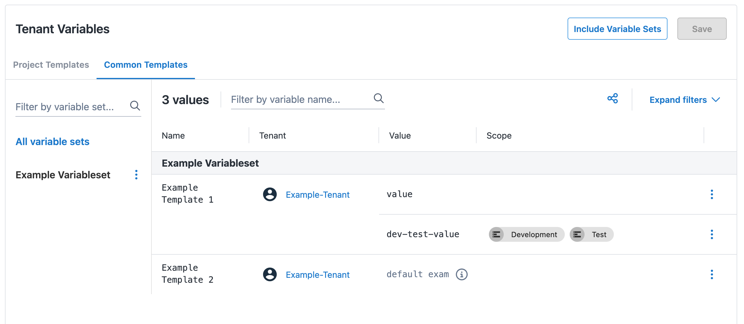 Screenshot showing new scoped tenant variables on tenant variables page.