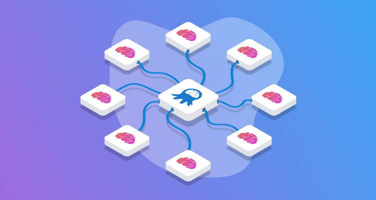 The image shows an isometric illustration of a central octopus-like icon connected to multiple brain icons in a hub-and-spoke network pattern against a purple-to-blue gradient background.