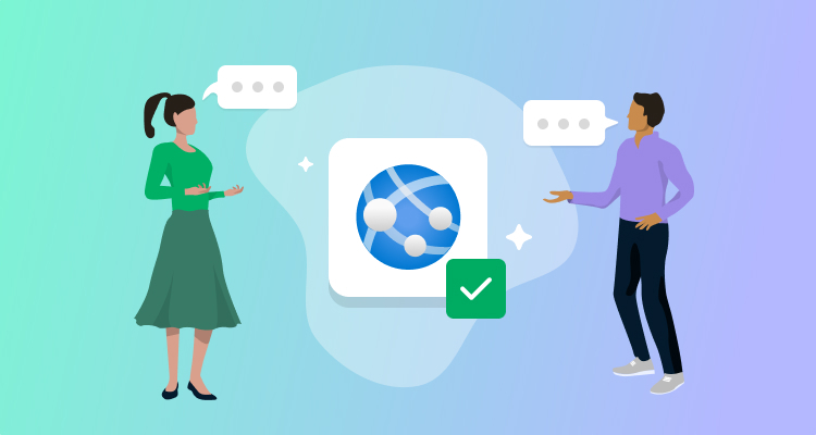 Illustration of people having a discussion with speech bubbles, with a central icon of the Azure App Service logo. A green checkmark suggests a verified or recommended practice.