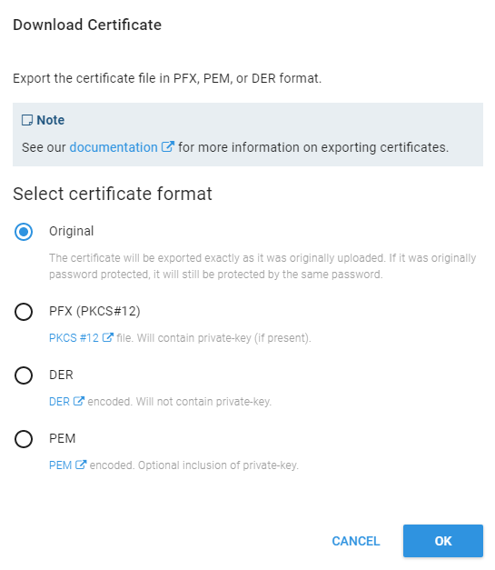 export a certificate octopus deploy certificate download