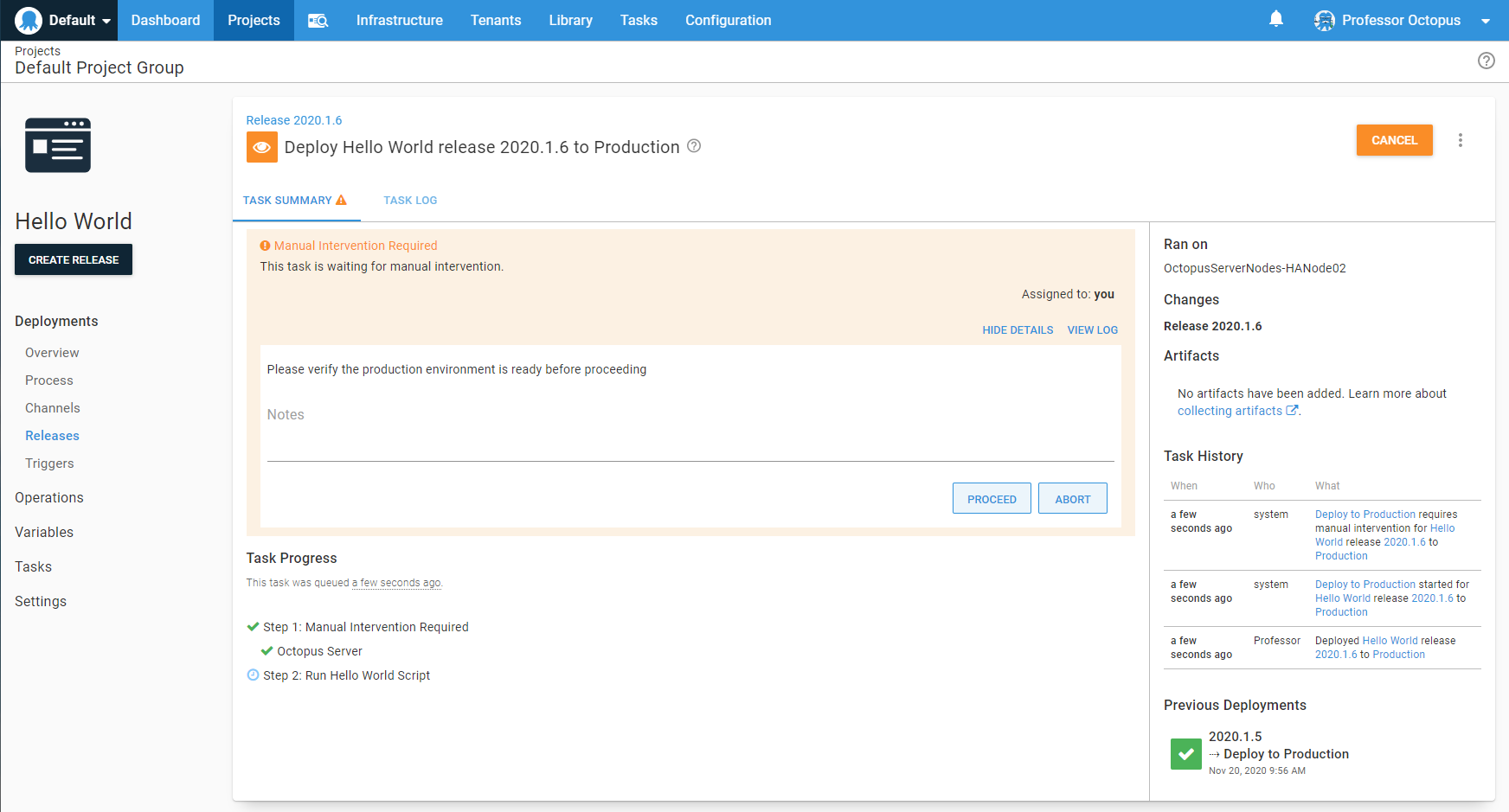 Approvals with Manual Interventions Octopus Deploy